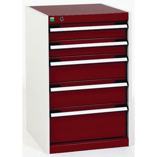 Dílenská zásuvková skříň Bott Cubio, 80 x 52,5 x 65 cm, 5 zásuvek, šedá-červená