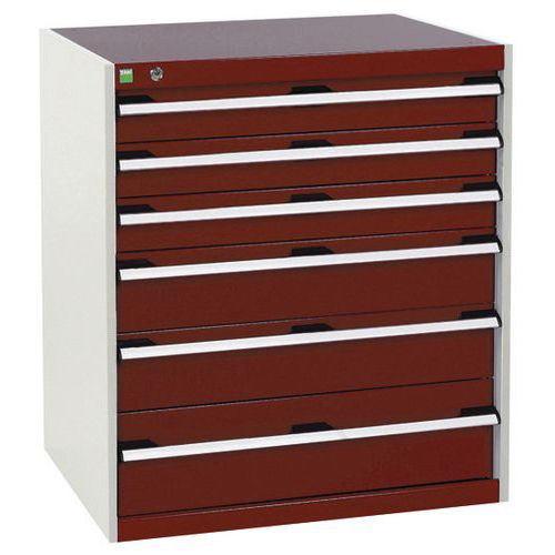 Dílenská zásuvková skříň Bott Cubio, 90 x 80 x 65 cm, 6 zásuvek, šedá-červená