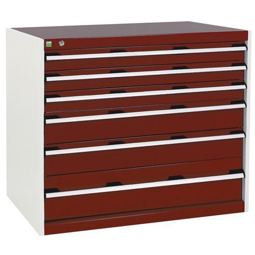 Dílenská zásuvková skříň Bott Cubio, 90 x 105 x 75 cm, 6 zásuvek, šedá-červená