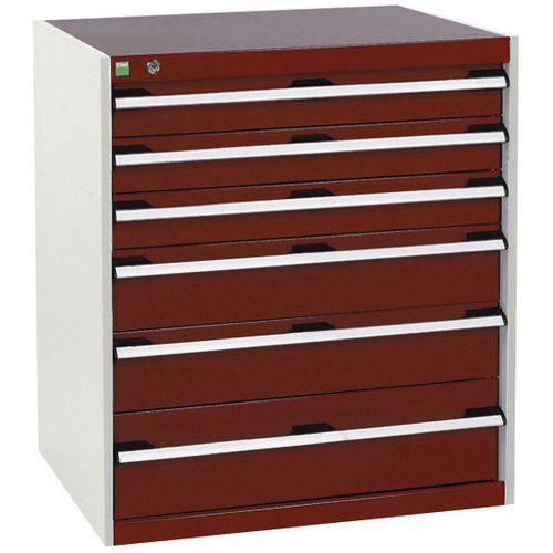 Dílenská zásuvková skříň Bott Cubio, 90 x 80 x 75 cm, 6 zásuvek, šedá-červená