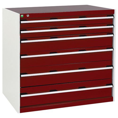 Dílenská zásuvková skříň Bott Cubio, 100 x 105 x 65 cm, 6 zásuvek, šedá-červená