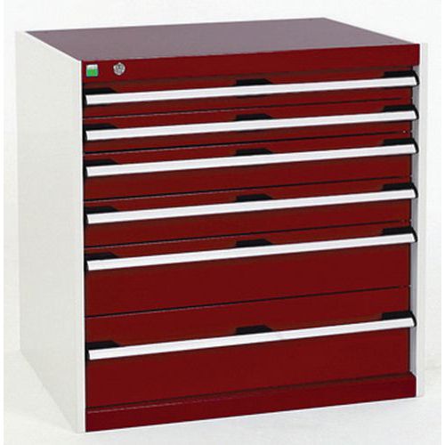Dílenská zásuvková skříň Bott Cubio, 80 x 80 x 52,5 cm, 6 zásuvek, šedá-červená