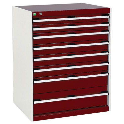 Dílenská zásuvková skříň Bott Cubio, 100 x 80 x 65 cm, 8 zásuvek, šedá-červená