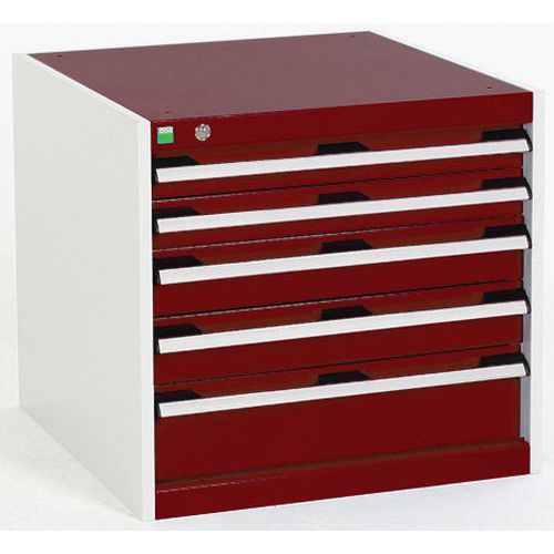 Dílenská zásuvková skříň Bott Cubio, 60 x 65 x 65 cm, 5 zásuvek, šedá-červená