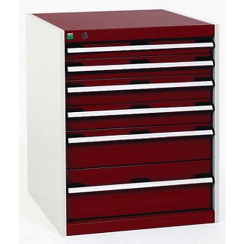 Dílenská zásuvková skříň Bott Cubio, 80 x 65 x 75 cm, 6 zásuvek, šedá-červená