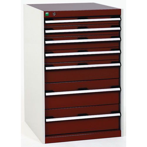 Dílenská zásuvková skříň Bott Cubio, 100 x 65 x 65 cm, 7 zásuvek, šedá-červená