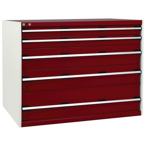 Dílenská zásuvková skříň Bott Cubio, 100 x 130 x 75 cm, 5 zásuvek, šedá-červená