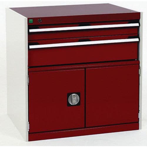 Dílenská zásuvková skříň Bott Cubio, 80 x 80 x 75 cm, 2 zásuvky, 1 skříňka, šedá-červená
