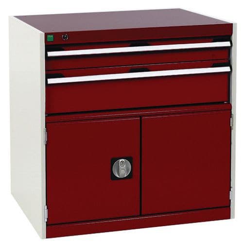 Dílenská zásuvková skříň Bott Cubio, 80 x 80 x 65 cm, 2 zásuvky, 1 skříňka, šedá-červená