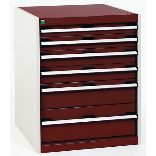 Dílenská zásuvková skříň Bott Cubio, 80 x 65 x 65 cm, 6 zásuvek, šedá-červená