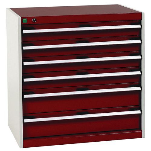 Dílenská zásuvková skříň Bott Cubio, 80 x 80 x 52,5 cm, 6 zásuvek, šedá-červená