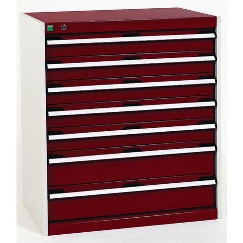 Dílenská zásuvková skříň Bott Cubio, 90 x 80 x 52,5 cm, 7 zásuvek, šedá-červená