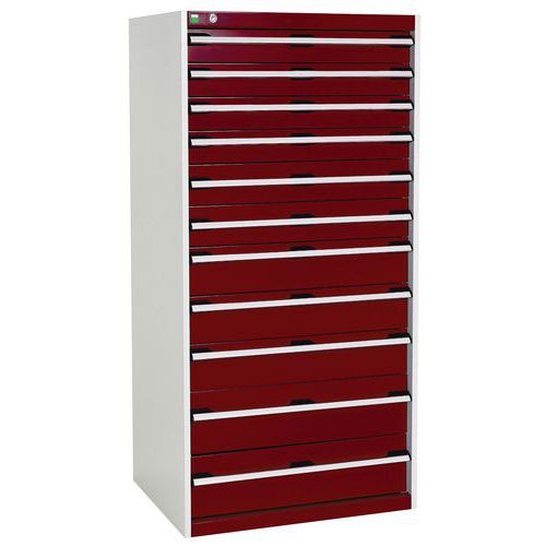 Dílenská zásuvková skříň Bott Cubio, 160 x 80 x 65 cm, 11 zásuvek, šedá-červená