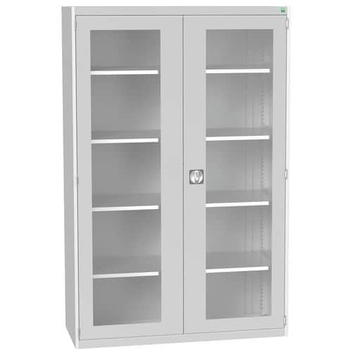 Dílenská skříň s průhlednými dveřmi Bott Cubio, 200 x 130 x 52,5 cm, 4 police, šedá-šedá