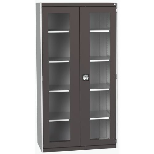 Dílenská skříň s průhlednými dveřmi Bott Cubio, 200 x 105 x 52,5 cm, 4 police, šedá-antracit