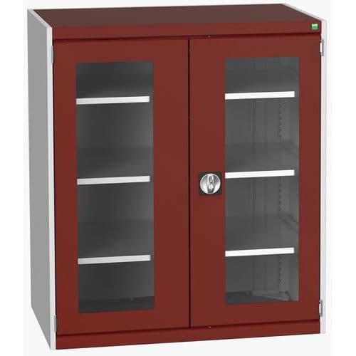 Dílenská skříň s průhlednými dveřmi Bott Cubio, 120 x 105 x 65 cm, 3 police, šedá-červená