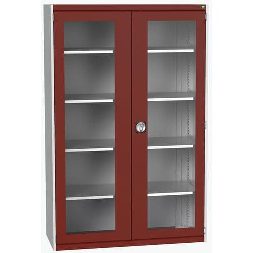 Dílenská skříň s průhlednými dveřmi Bott Cubio, 200 x 130 x 52,5 cm, 4 police, šedá-červená