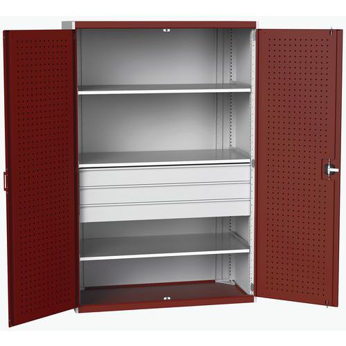 Dílenská skříň se zásuvkami Bott Cubio 160, 200 x 130 x 65 cm, 3 police, 3 zásuvky, šed??-červená