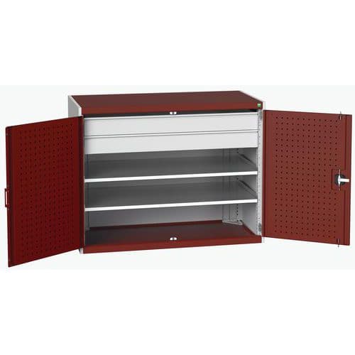 Dílenská skříň se zásuvkami Bott Cubio 160, 100 x 130 x 65 cm, 2 police, 2 zásuvky, šedá-červená