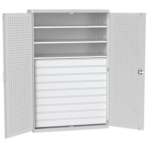 Dílenská skříň se zásuvkami Bott Cubio 160, 200 x 130 x 65 cm, 3 police, 9 zásuvek, šedá-šedá