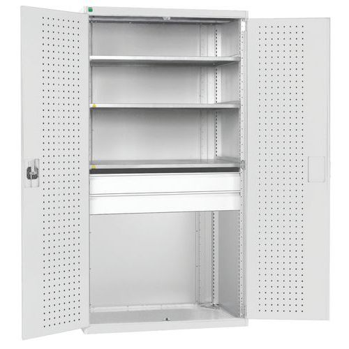 Dílenská skříň se zásuvkami Bott Cubio, 200 x 105 x 65 cm, 3 police, 2 zásuvky, šedá-šedá