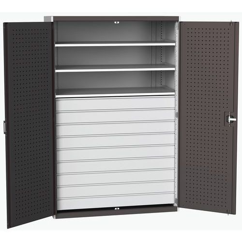 Dílenská skříň se zásuvkami Bott Cubio 160, 200 x 130 x 65 cm, 3 police, 9 zásuvek, šedá-antracit