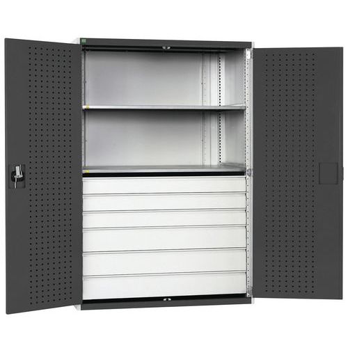 Dílenská skříň se zásuvkami Bott Cubio 160, 200 x 130 x 65 cm, 2 police, 6 zásuvek, šedá-antracit