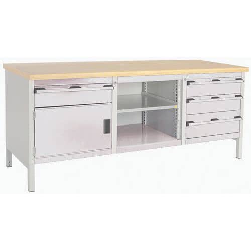 Dílenský stůl Bott Cubio Storage, 84 x 200 x 75 cm, 1 skříňky, 4 zásuvky, otevřený prostor s policí, multiplex, šedá-šedá