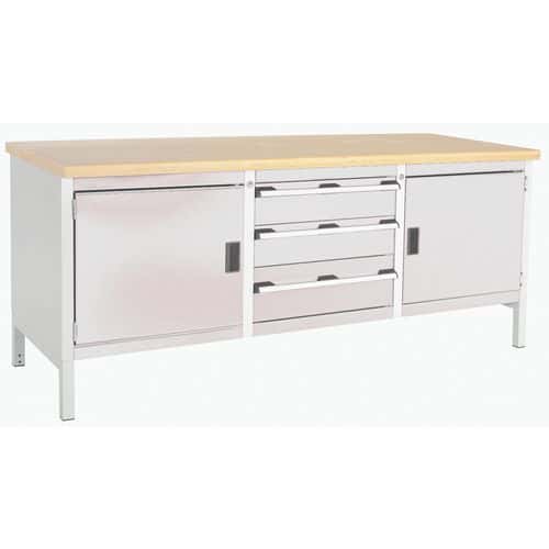 Dílenský stůl Bott Cubio Storage, 84 x 200 x 75 cm, 2 skříňky, 3 zásuvky, multiplex, šedá-šedá