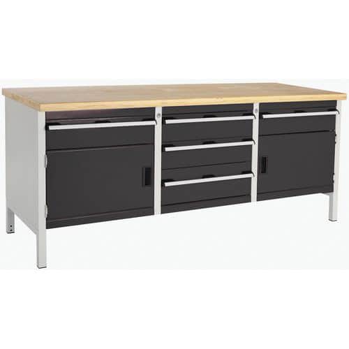 Dílenský stůl Bott Cubio Storage, 84 x 200 x 75 cm, 2 skříňky, 5 zásuvek, multiplex, šedá-antracit