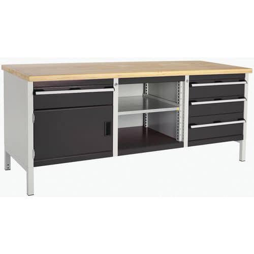 Dílenský stůl Bott Cubio Storage, 84 x 200 x 75 cm, 1 skříňky, 4 zásuvky, otevřený prostor s policí, multiplex, šedá-antracit