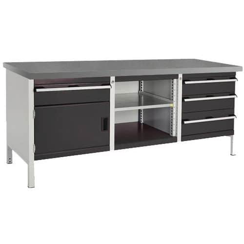 Dílenský stůl Bott Cubio Storage, 84 x 200 x 75 cm, 1 skříňky, 4 zásuvky, otevřený prostor s policí, linoleum, šedá-antracit