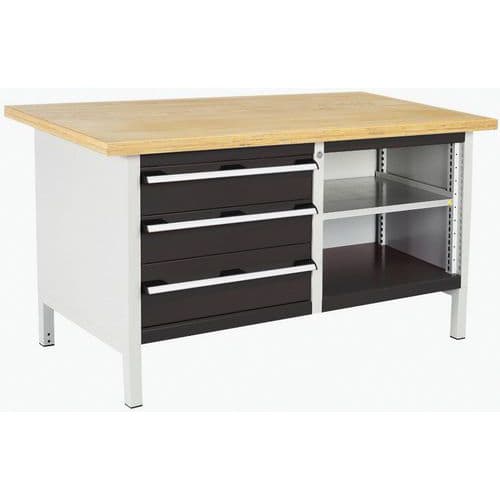 Dílenský stůl Bott Cubio Storage, 84 x 150 x 75 cm, 3 zásuvky, otevřený prostor s policí, multiplex, šedá-antracit