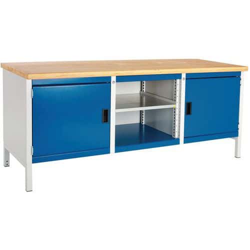 Dílenský stůl Bott Cubio Storage, 84 x 200 x 75 cm, 2 skříňky, otevřený prostor s policí, multiplex, šedá-modrá