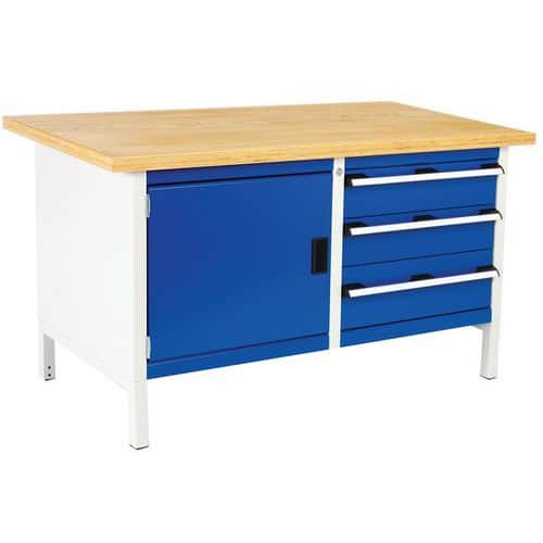 Dílenský stůl Bott Cubio Storage, 84 x 150 x 75 cm, 3 zásuvky, skříňka, multiplex, šed??-modrá