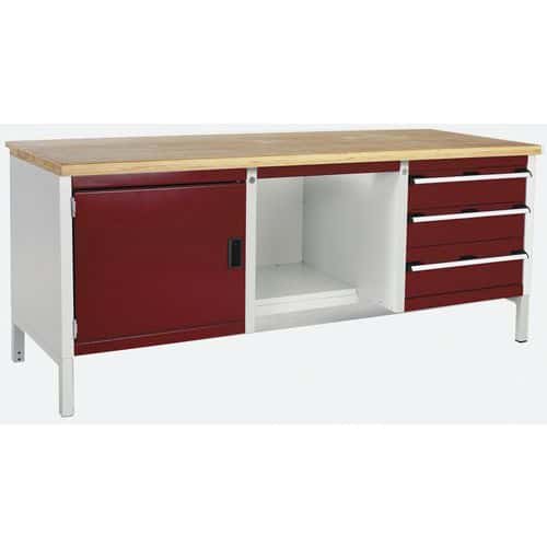 Dílenský stůl Bott Cubio Storage, 84 x 200 x 75 cm, 1 skříňky, 3 zásuvky, police, multiplex, šedá-červená