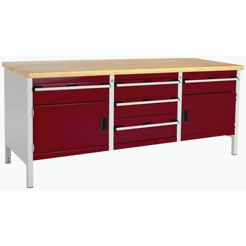 Dílenský stůl Bott Cubio Storage, 84 x 200 x 75 cm, 2 skříňky, 5 zásuvek, multiplex, šedá-červená