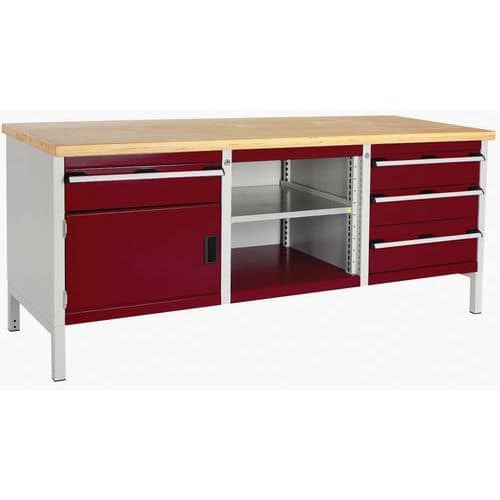 Dílenský stůl Bott Cubio Storage, 84 x 200 x 75 cm, 1 skříňky, 4 zásuvky, otevřený prostor s policí, multiplex, šedá-červená