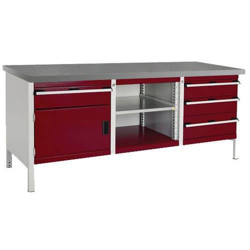 Dílenský stůl Bott Cubio Storage, 84 x 200 x 75 cm, 1 skříňky, 4 zásuvky, otevřený prostor s policí, linoleum, šedá-červená