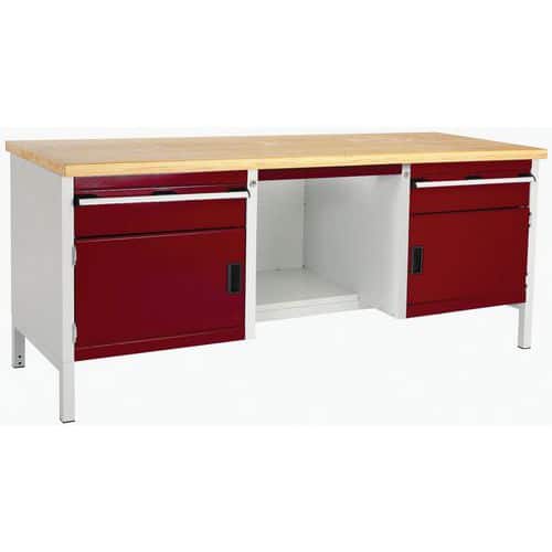 Dílenský stůl Bott Cubio Storage, 84 x 200 x 75 cm, 2 skříňky, 2 zásuvky, police, multiplex, šedá-červená