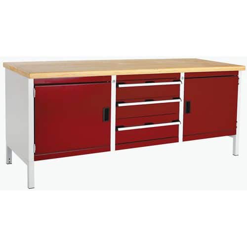 Dílenský stůl Bott Cubio Storage, 84 x 200 x 75 cm, 2 skříňky, 3 zásuvky, multiplex, šedá-červená