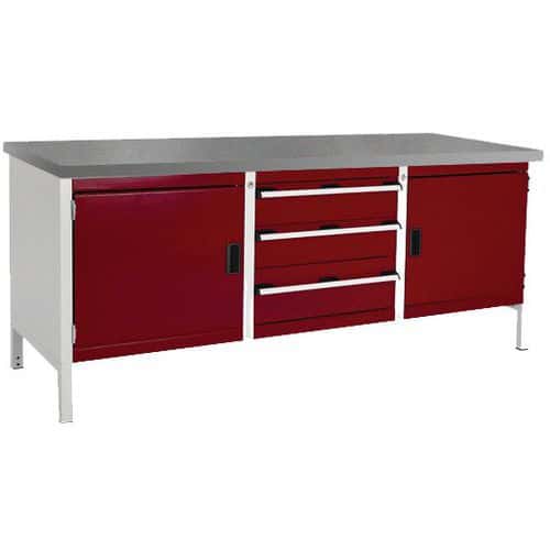Dílenský stůl Bott Cubio Storage, 84 x 200 x 75 cm, 2 skříňky, 3 zásuvky, linoleum, šedá-červená
