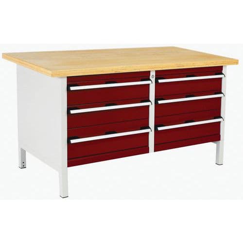 Dílenský stůl Bott Cubio Storage, 84 x 150 x 75 cm, 6 zásuvek, multiplex, šedá-červená