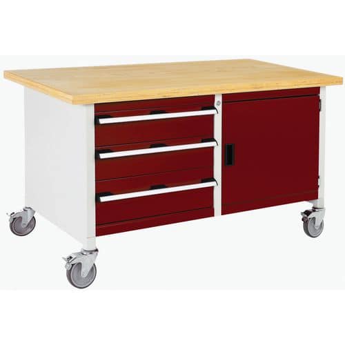 Mobilní dílenský stůl Bott Cubio Storage, 84 x 150 x 75 cm, 3 zásuvky, skříňka, multiplex, šedá-červená