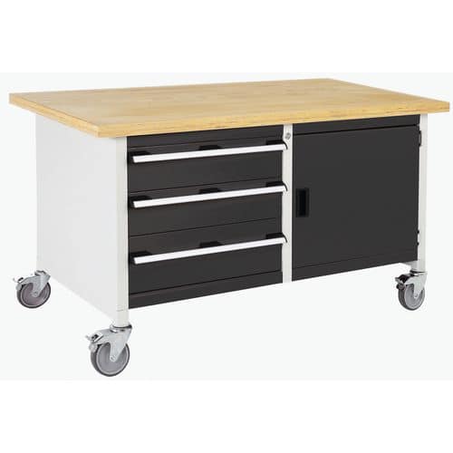 Mobilní dílenský stůl Bott Cubio Storage, 84 x 150 x 75 cm, 3 zásuvky, skříňka, multiplex, šedá-antracit