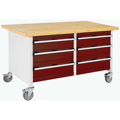 Mobilní dílenský stůl Bott Cubio Storage, 84 x 150 x 75 cm, 6 zásuvek, multiplex, šedá-červená