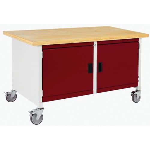 Mobilní dílenský stůl Bott Cubio Storage, 84 x 150 x 75 cm, 2 skříňky, multiplex, šedá-červená