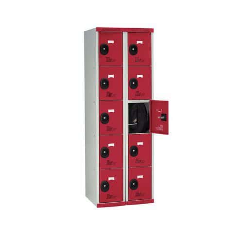 Svařovaná šatní skříň Acial, 2 sloupce, 10 boxů, 300 mm, cylindrický zámek, šedá/červená