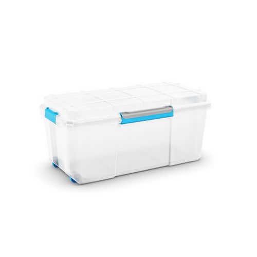 Plastový úložný box s víkem na klip, průhledný, 74 l