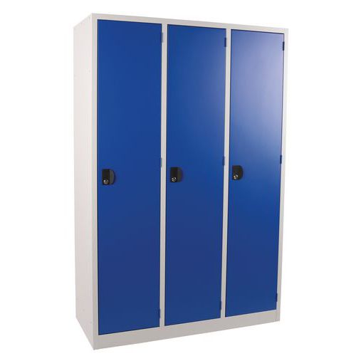 Svařovaná šatní skříň Manutan Expert, 3 oddíly, cylindrický zámek, šedá/modrá